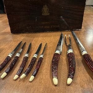 NASCO Del Coronado VTG Carving Set 8 Pc Bakelite Faux Antler Handles With Box